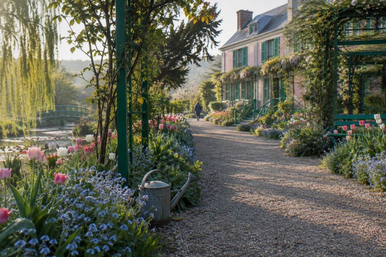 A quiet gravel path lined with flower beds leading toward Monet's pink house in morning light