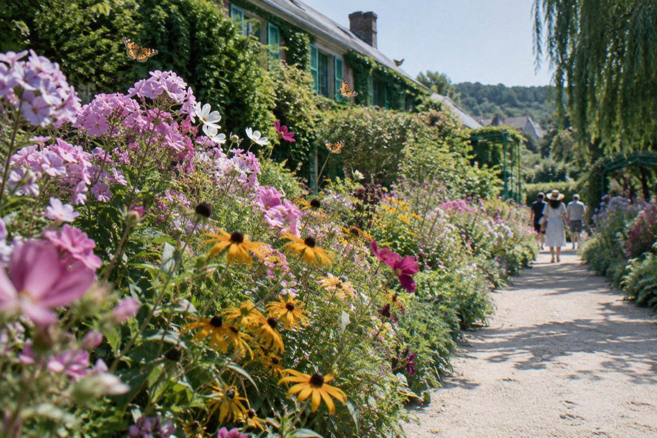 Flower borders in full summer bloom along the main garden path at Monet's garden in Giverny