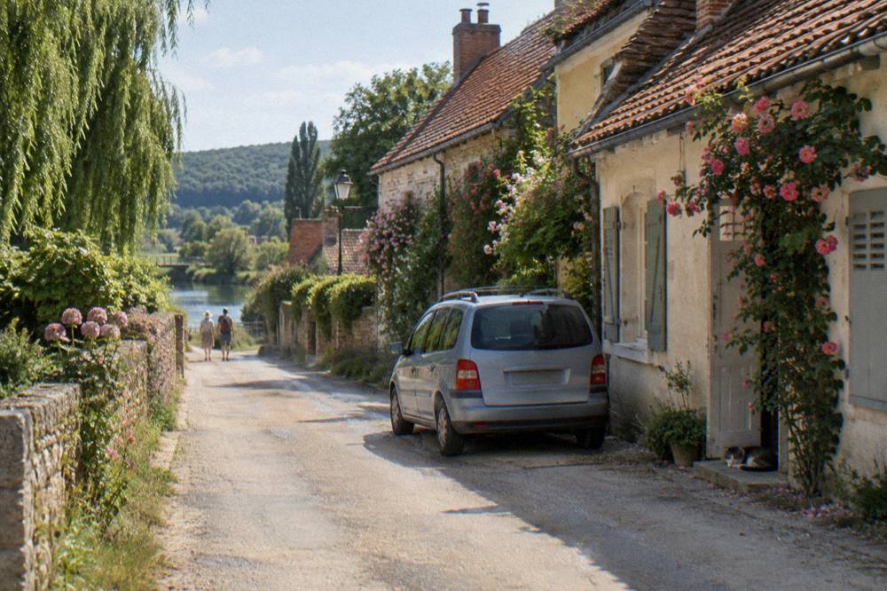 A minivan parked on a quiet street in Giverny village beside stone buildings