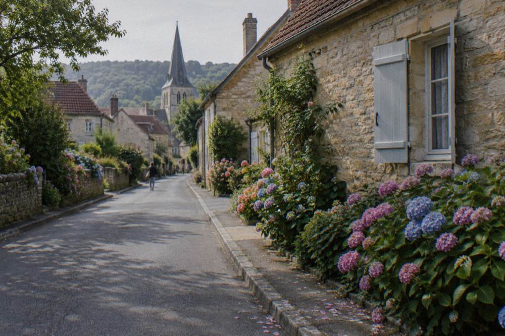 A quiet village street with stone buildings and flowering shrubs beside a sidewalk
