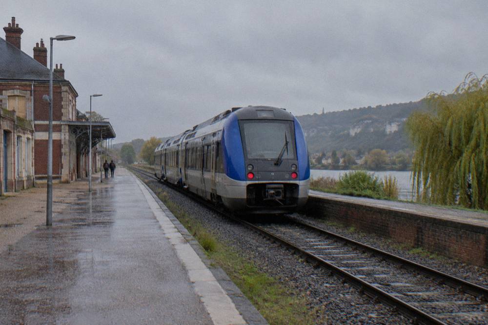 A regional train waiting at a platform beside a country station in Normandy