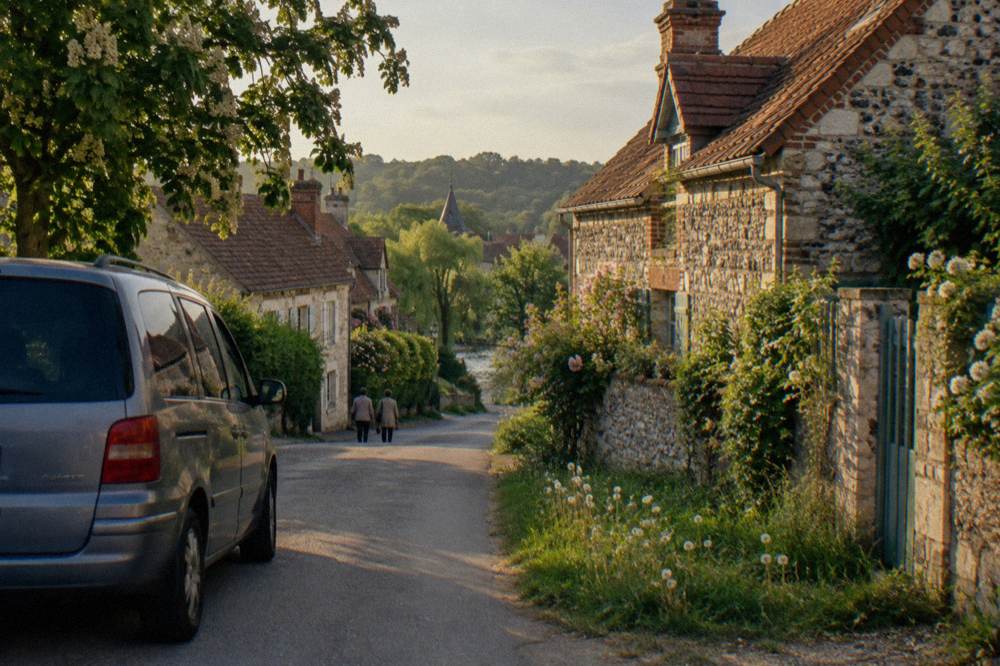 Tour minivan parked on a village lane beside stone cottages in Giverny
