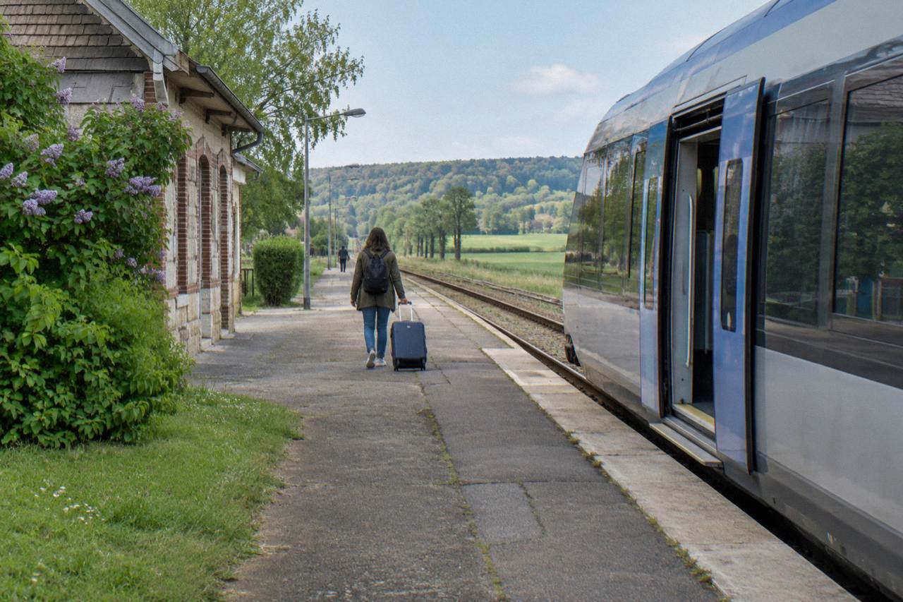 A regional train stopped at a small Normandy station platform on a bright morning
