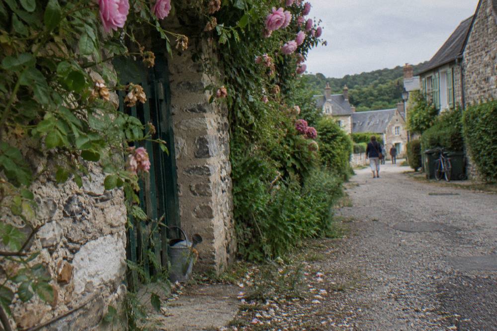 A flower-lined path in a Norman village with stone walls and climbing roses
