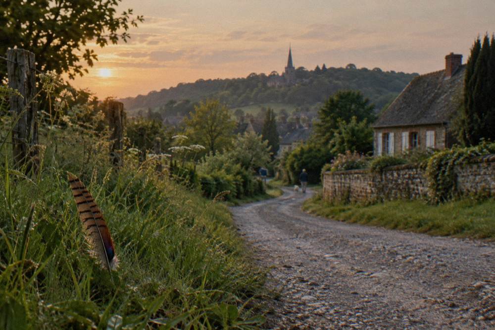 A country road winding through green fields toward a church spire on a distant hill