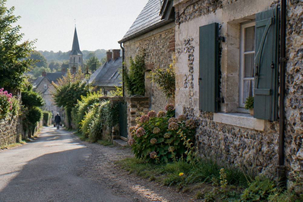 A quiet village street in Giverny with stone houses and trees in morning light
