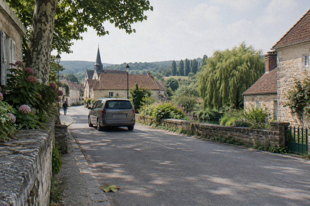 A tour minivan parked on a village street in Giverny near the garden entrance
