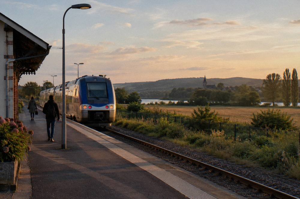 A regional train waiting at a country station platform with fields beyond the tracks