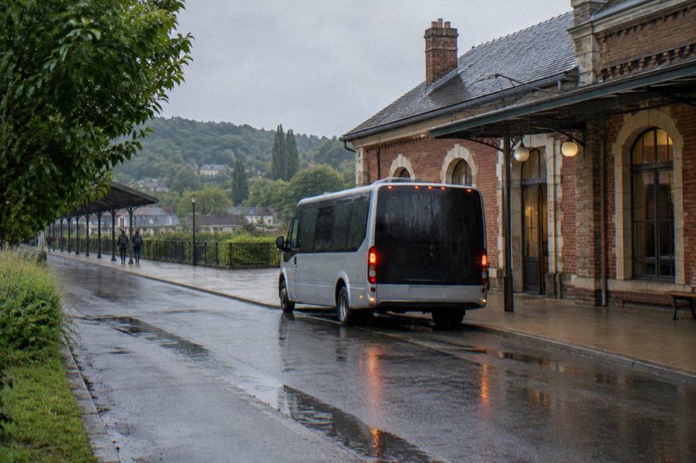 A shuttle bus parked outside a small station waiting for arriving passengers