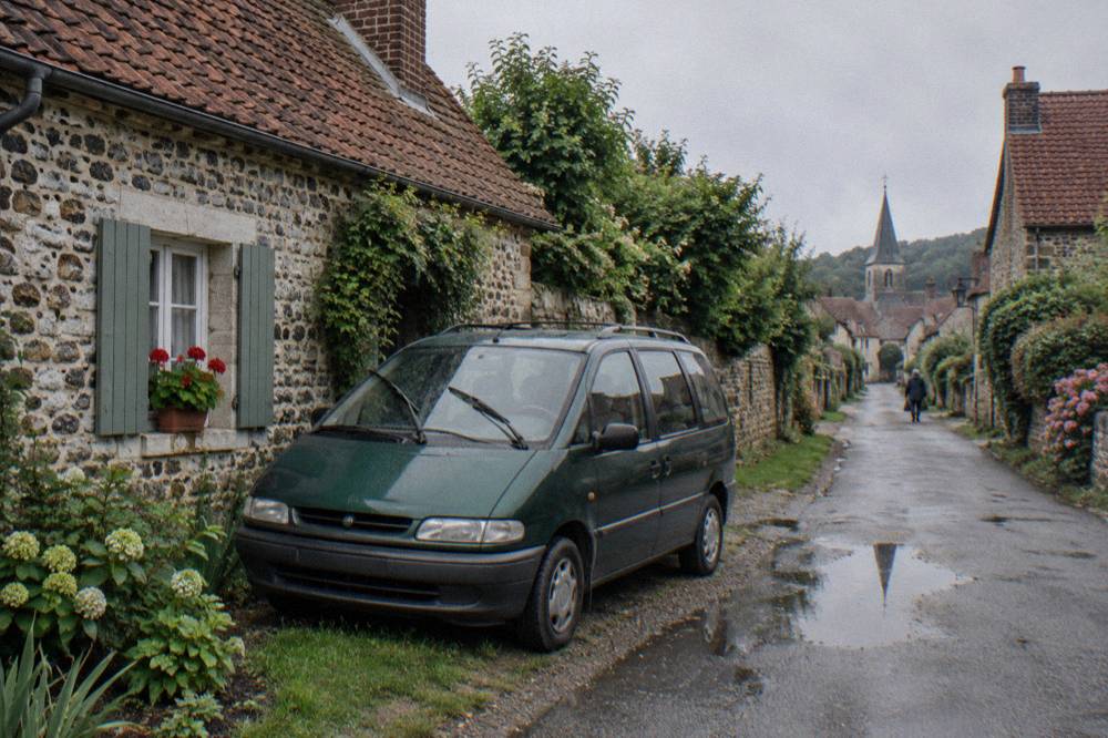 Green eight-seat minivan parked on a village street with stone buildings in Giverny