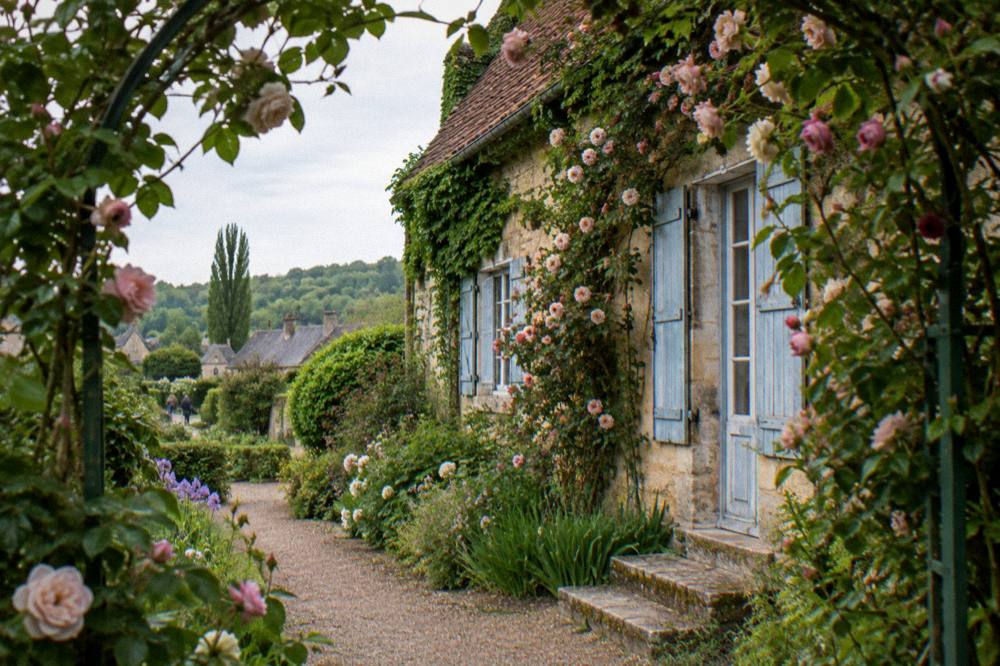 Blue shuttered stone house facade with climbing roses on a quiet lane near Monet's garden