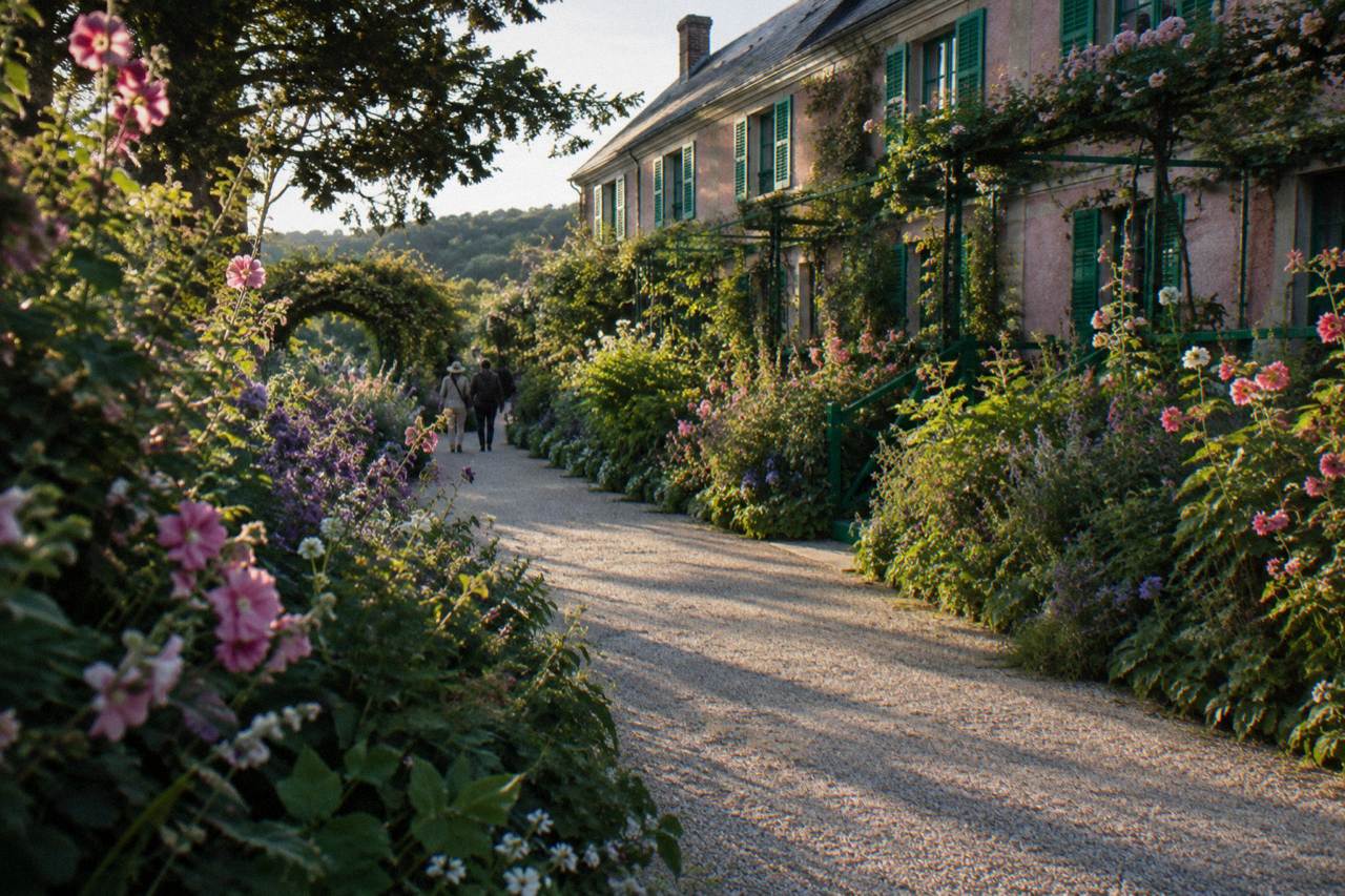 Flower-lined gravel path leading toward the pink facade of Claude Monet's house in Giverny