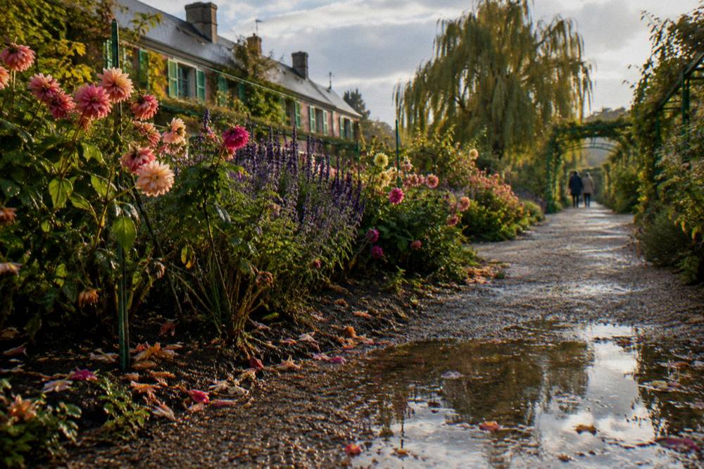 Afternoon sunlight across the flowerbeds and gravel paths of the Clos Normand garden