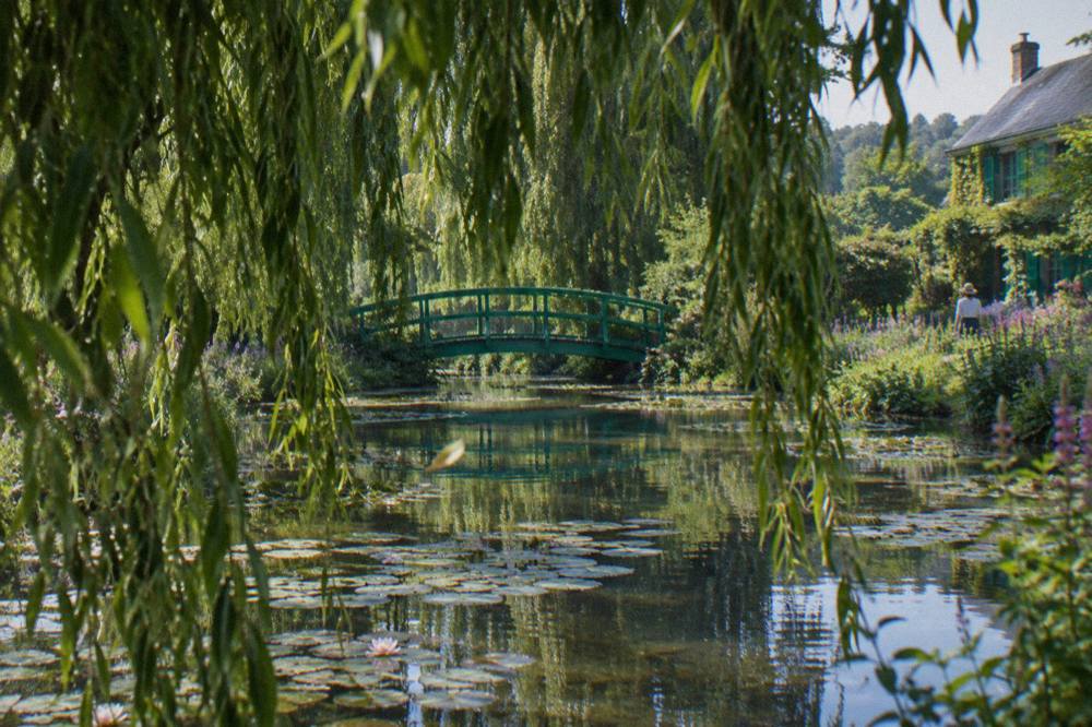 A still water lily pond with a green arched Japanese bridge and willow trees reflected in the water