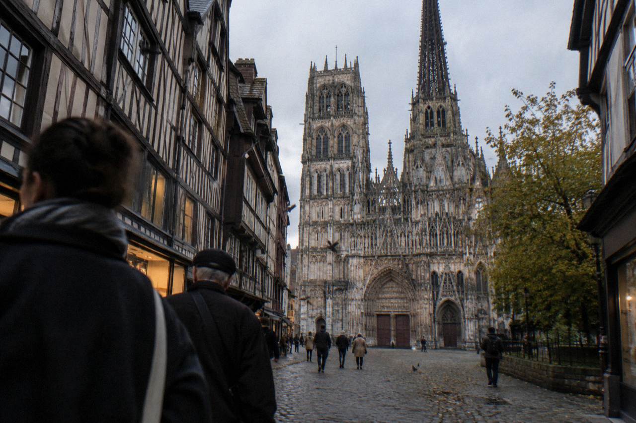 Rouen Cathedral facade rising above timber-framed houses at dusk