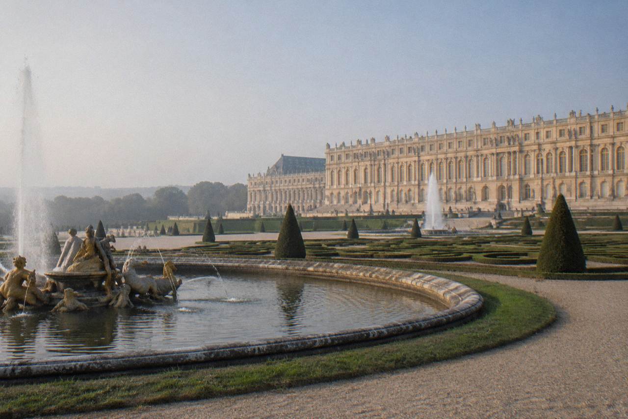 Formal gardens with fountains in front of a grand palace facade under a morning sky