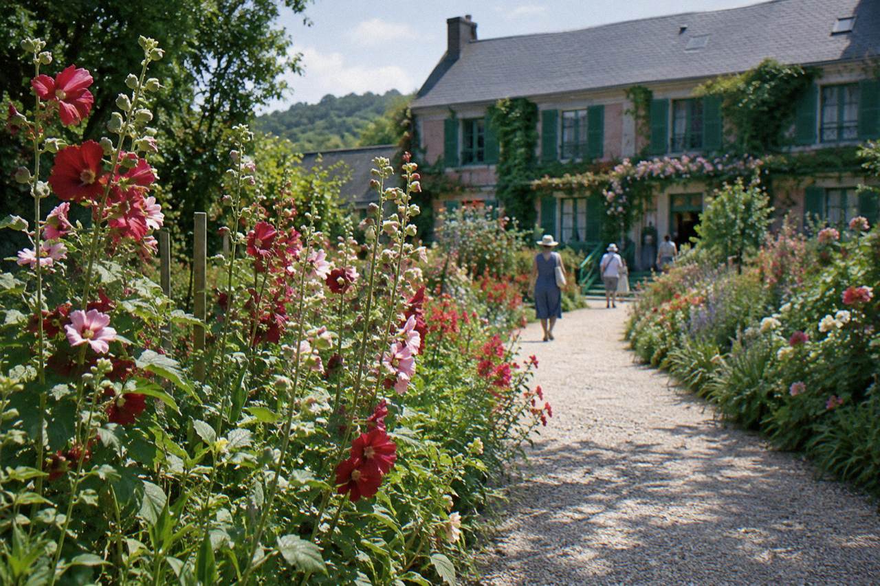 Flower bordered gravel path leading toward the pink facade of Monet's house in Giverny