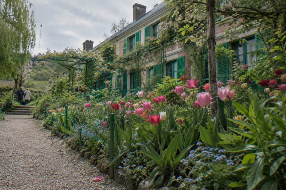 A flowering garden path with the pink facade of Monet's house beyond, seen in late morning light
