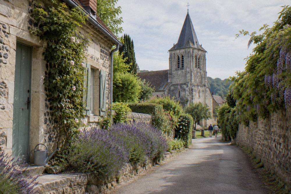 A quiet village street in Giverny with stone walls and flower borders leading toward the church