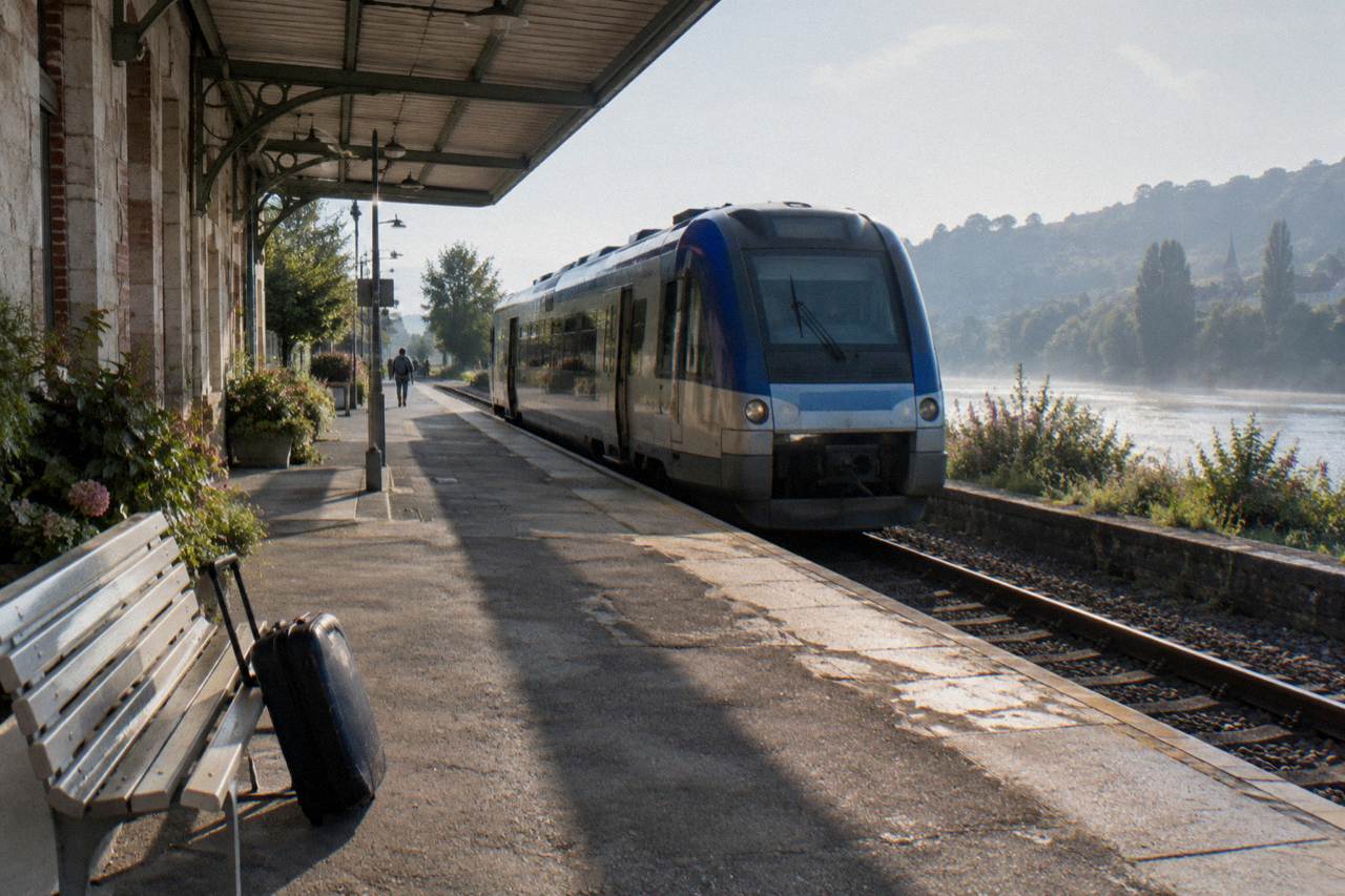 A country railway platform beside the Seine with a regional train waiting in morning light