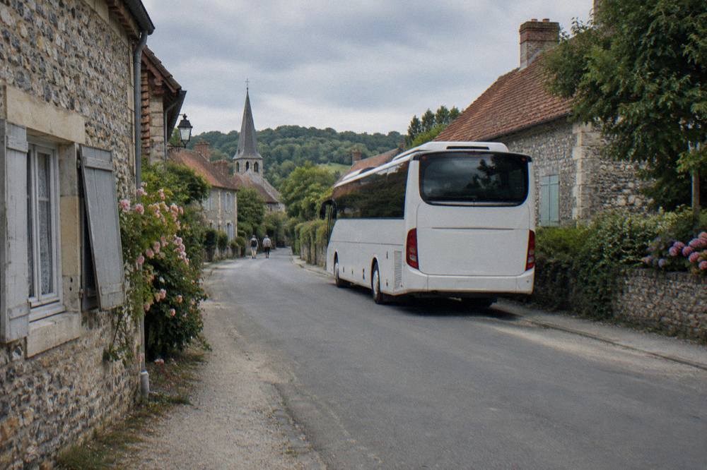 A coach parked on a village street in Giverny near stone buildings