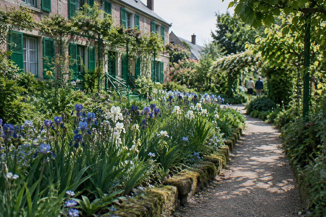 Flower beds and a green path in Monet's garden at Giverny