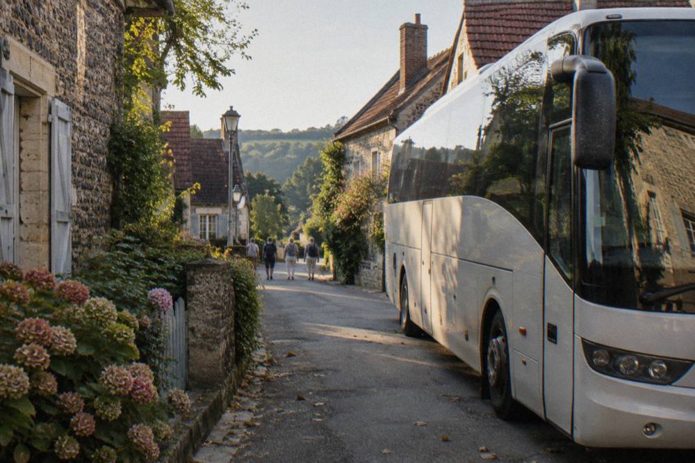 Tour coach parked on a village street in Giverny near stone buildings