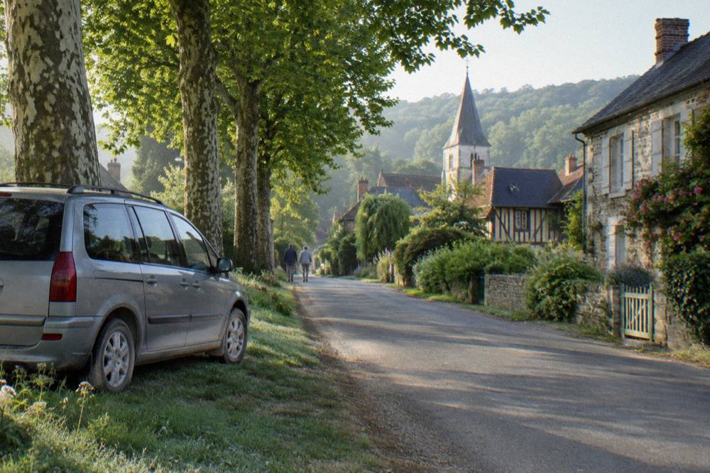 Eight-seat minivan waiting on a country road lined with trees near Giverny