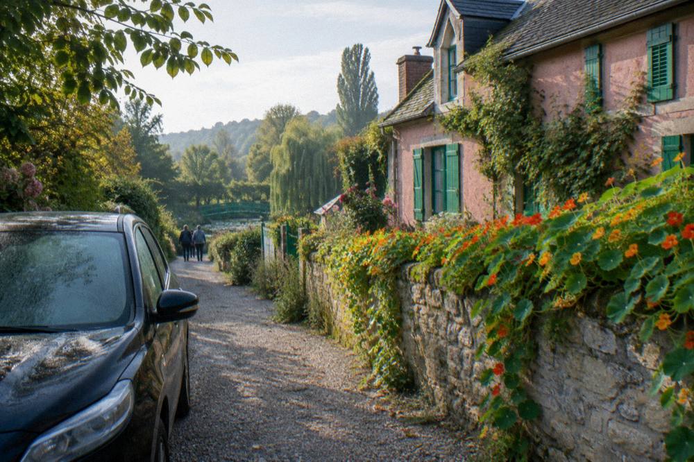 Private car parked on a quiet lane beside the flower garden wall in Giverny