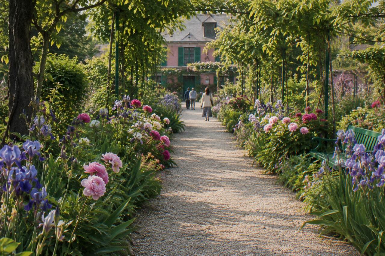 Flower-lined gravel path leading toward the pink facade of Claude Monet's house in Giverny