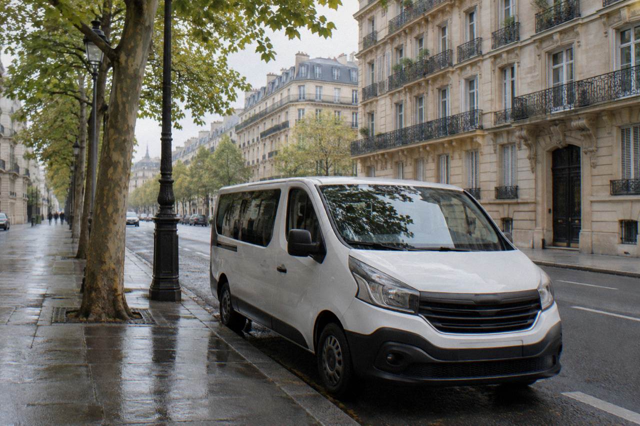 A passenger van parked on a Paris street in morning light, ready to collect travelers