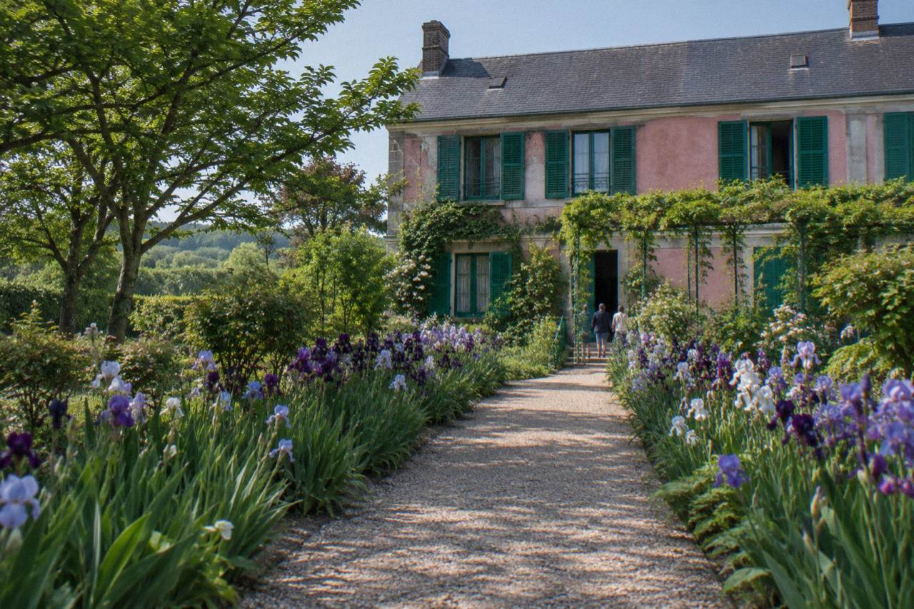 Flower-lined gravel path leading toward the pink facade of Claude Monet's house at Giverny