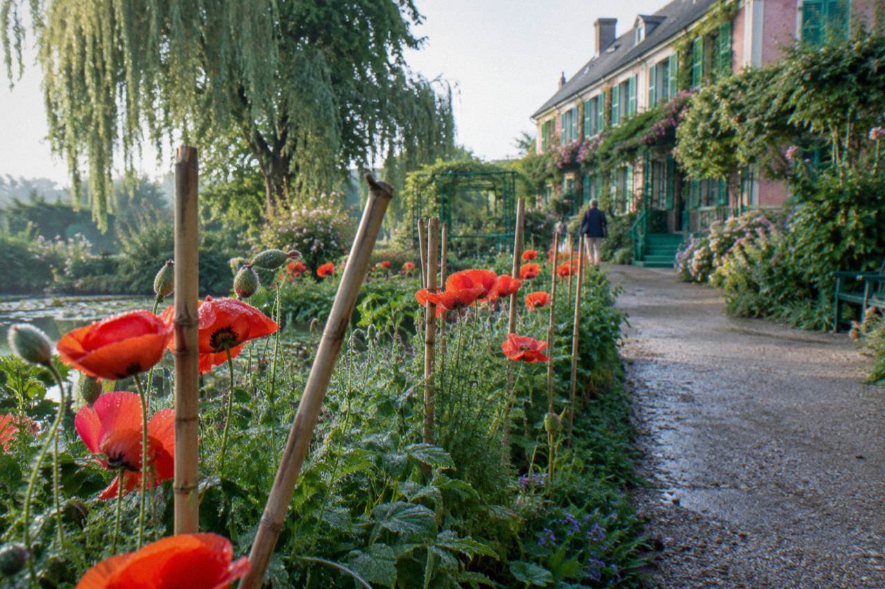 Flower garden path with tall bamboo stakes leading toward a pink plaster house facade