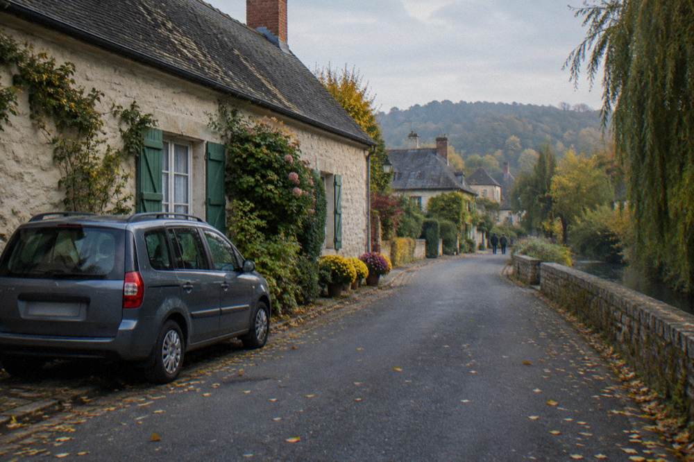 A small passenger minivan parked on a village street with stone walls in Giverny