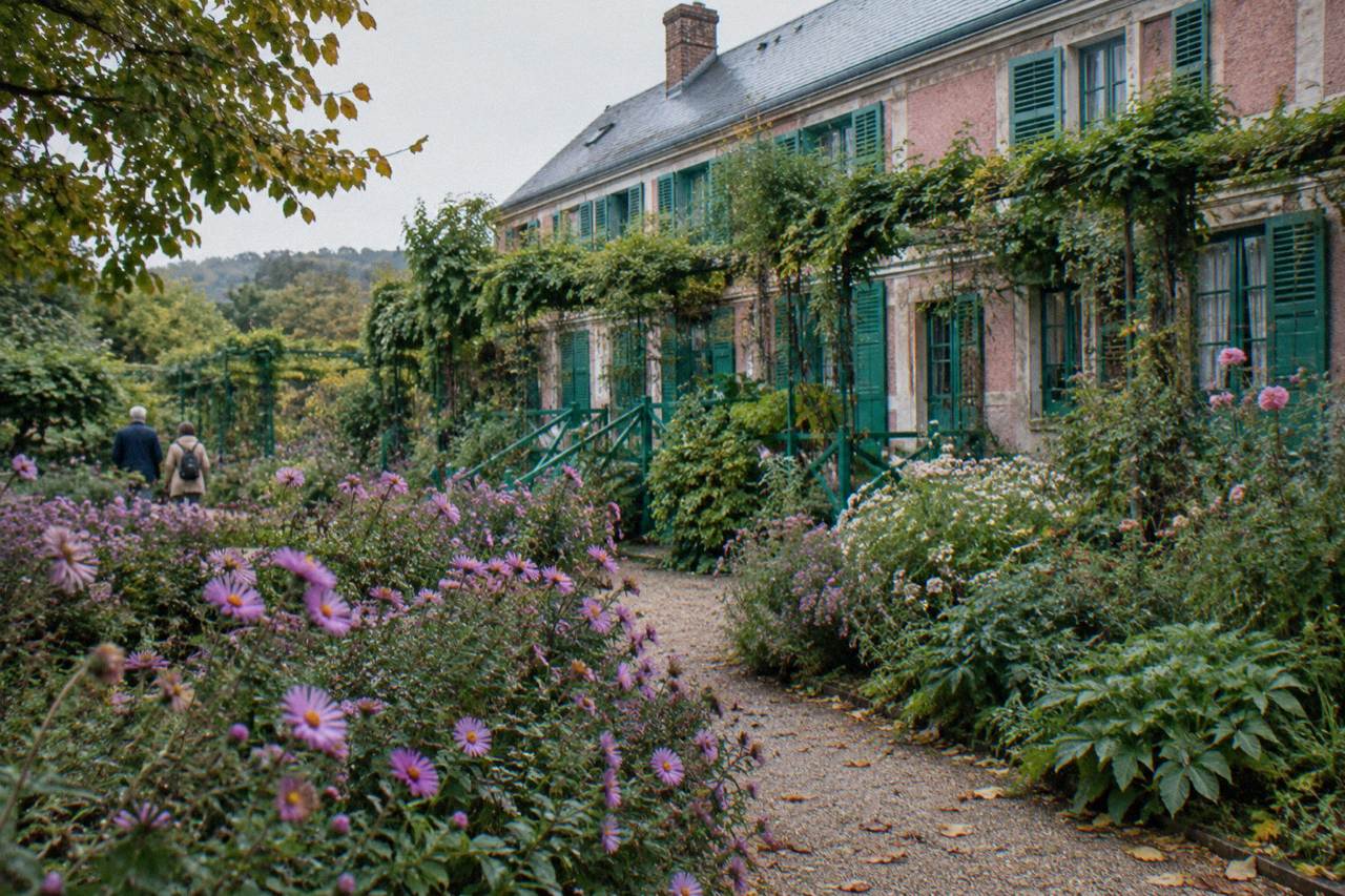 Flower beds and the pink facade of Claude Monet's house in Giverny under a soft morning sky