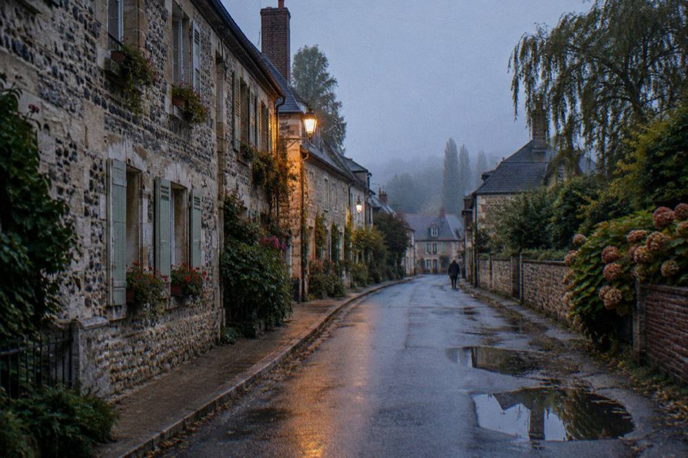 Village street in Giverny with stone facades and flower boxes
