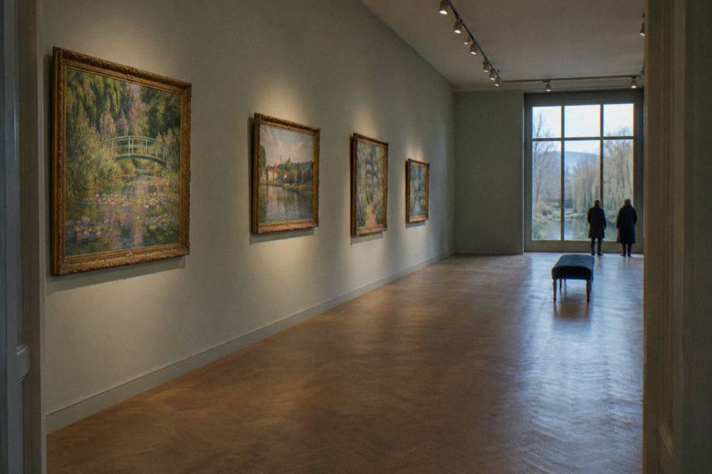 Gallery interior with paintings hung on a pale wall