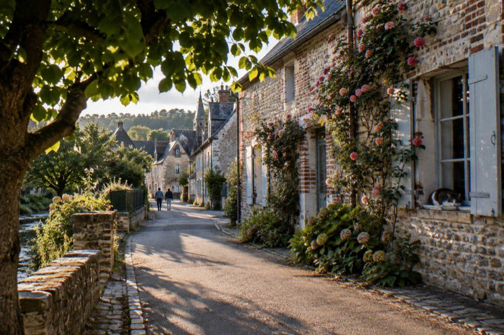 Village street with stone facades and trees in late afternoon light