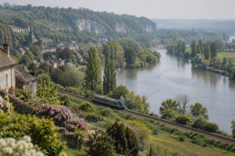 A regional train traveling along the Seine river valley through green countryside