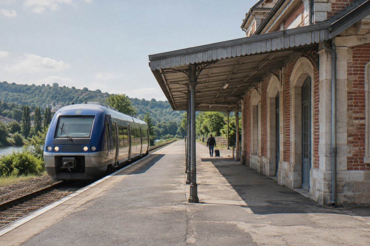 A regional train waiting at a country station platform beside the Seine valley