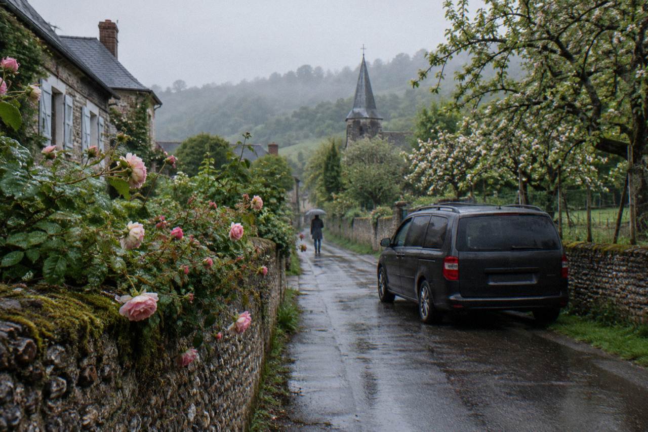 A private minivan parked on a quiet lane beside the flower gardens of Giverny