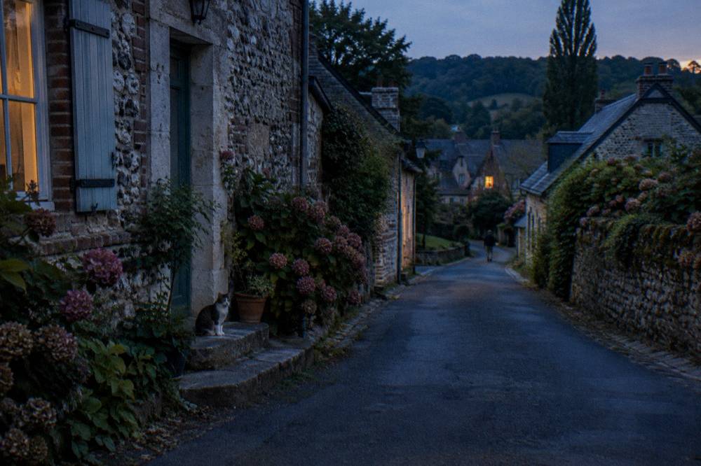 A quiet village street in Giverny with stone walls and flowering shrubs near Monet's garden