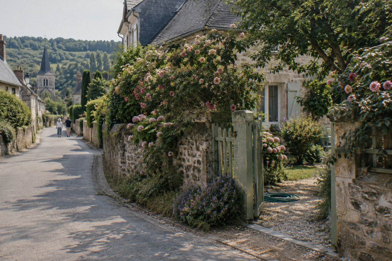 A quiet village street in Giverny with stone walls and flowering shrubs leading toward a garden gate