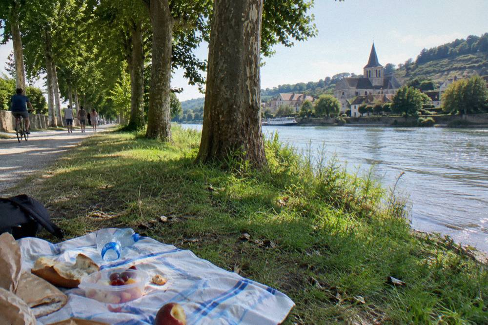 Tree-lined riverside walking path beside the Seine with open grass verge