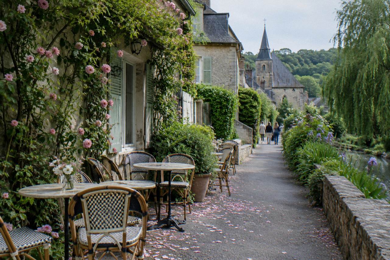 Outdoor cafe tables beside a stone building on a quiet village street in Normandy