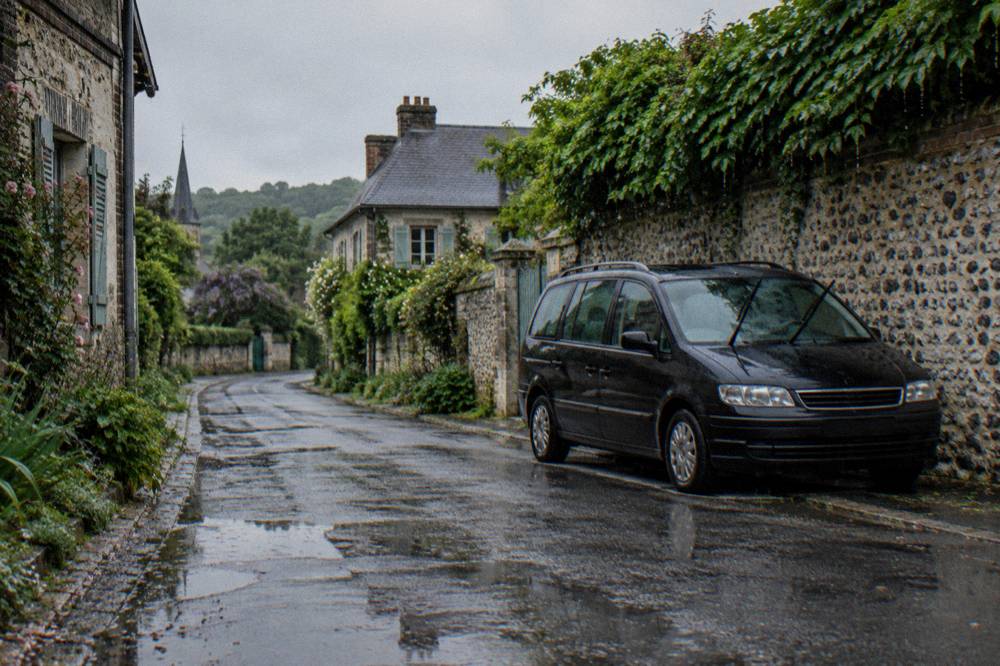 Small minivan parked on a village lane waiting for tour guests